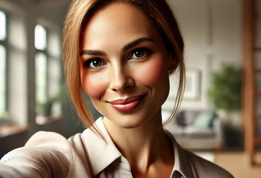 Smiling woman with light brown hair taking a selfie in a softly lit, modern interior