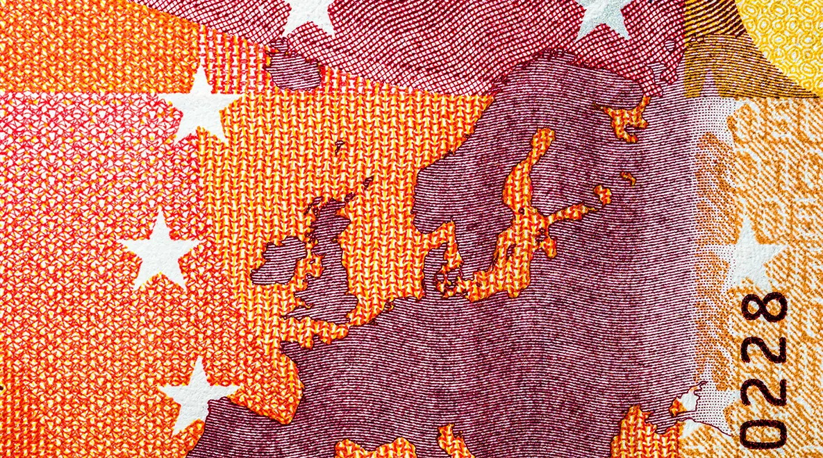 Close-up of Europe on a Euro banknote symbolising financial sovereignty