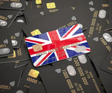 Credit card with UK flag among modern contactless cards