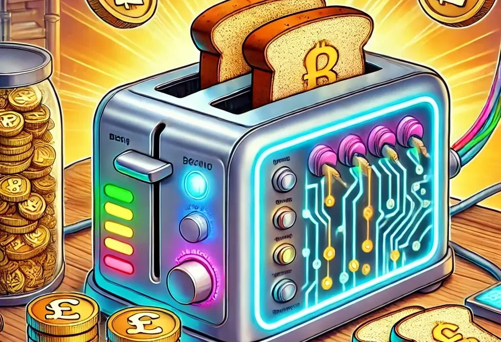 Futuristic AI-powered toaster with digital circuits and cryptocurrency toast