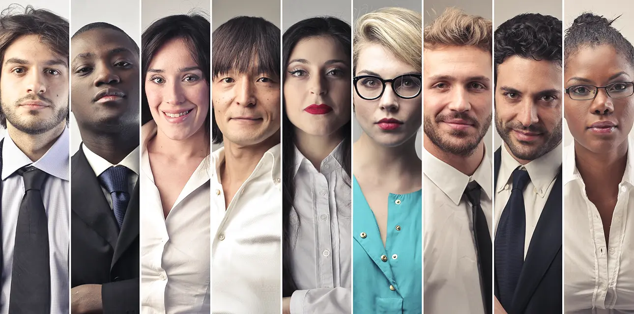Portrait lineup of diverse professionals in business attire, looking confidently at the camera