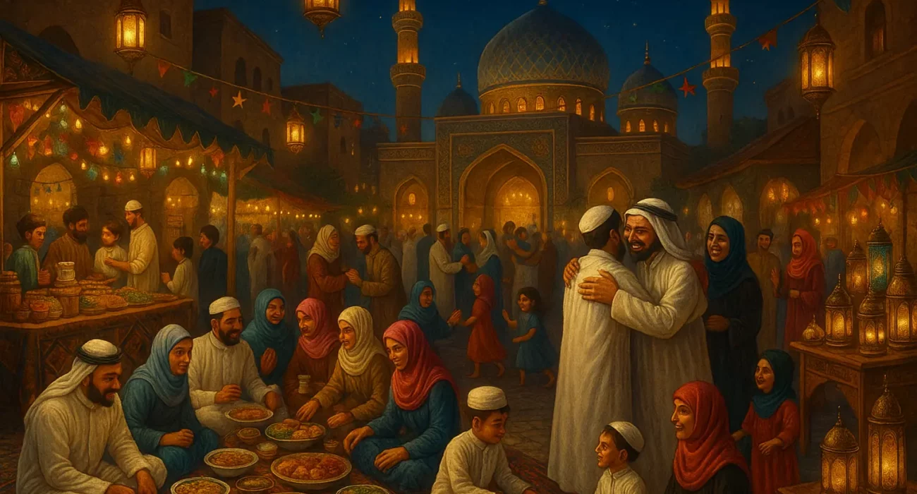 Eid al-Adha celebration in a Middle Eastern square with families dining, lanterns glowing, and a mosque in the background.