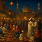 Eid al-Adha celebration in a Middle Eastern square with families dining, lanterns glowing, and a mosque in the background.